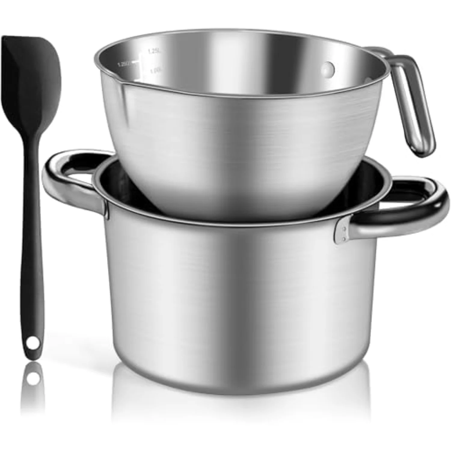 A stainless double boiler with its spatula