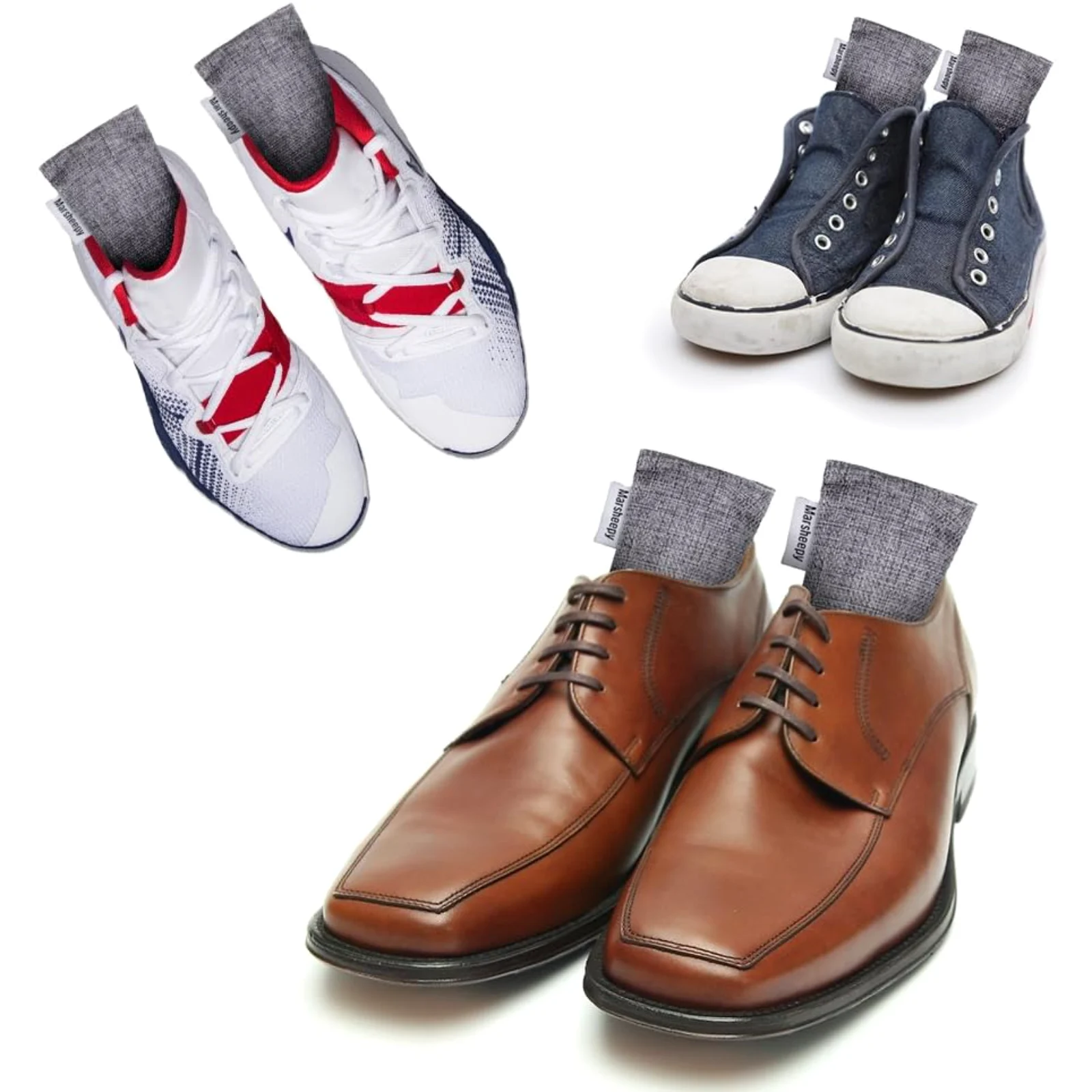 Charcoal bags sitting in three pairs of shoes